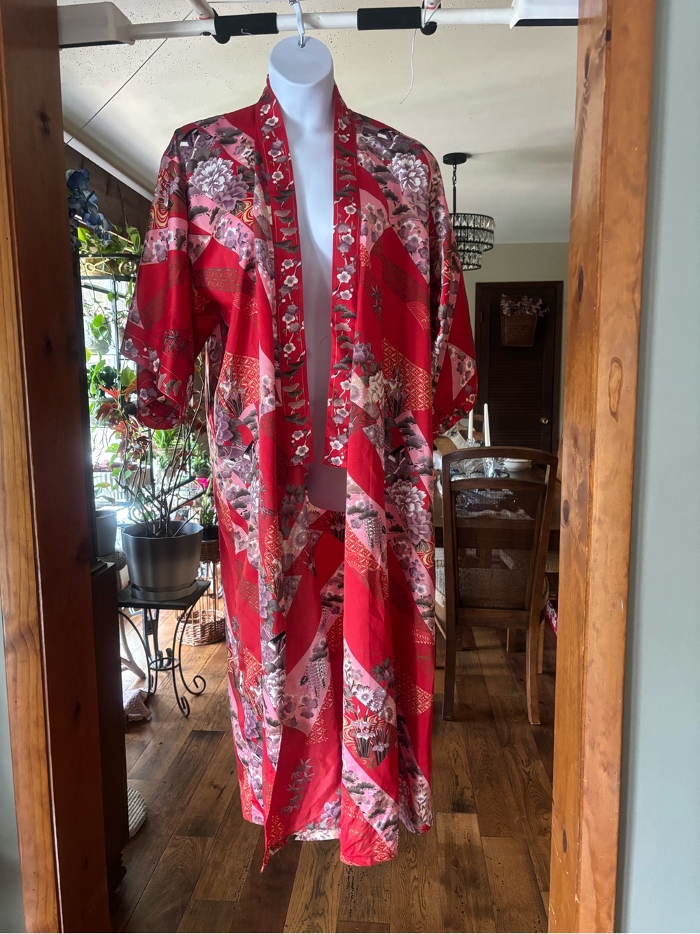 Vintage Japanese Red Floral Satin Kimono Robe with Gorgeous Floral Print